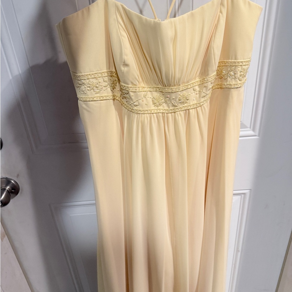 David’s Bridal Pale Yellow Spaghetti Strap Chiffon Dress - Embroidered Waistband